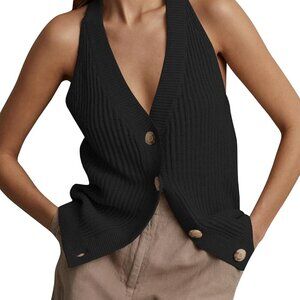 Women Sweater Vest Tops Sleeveless Button Down V Neck Knit Tank Top Slim Casual